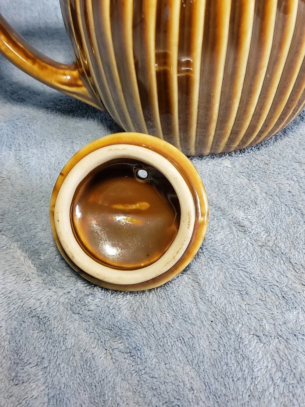 Antique Fraunfelter China Teapot Caramel Brown Ribbed Pottery Ohio USA w/ Lid